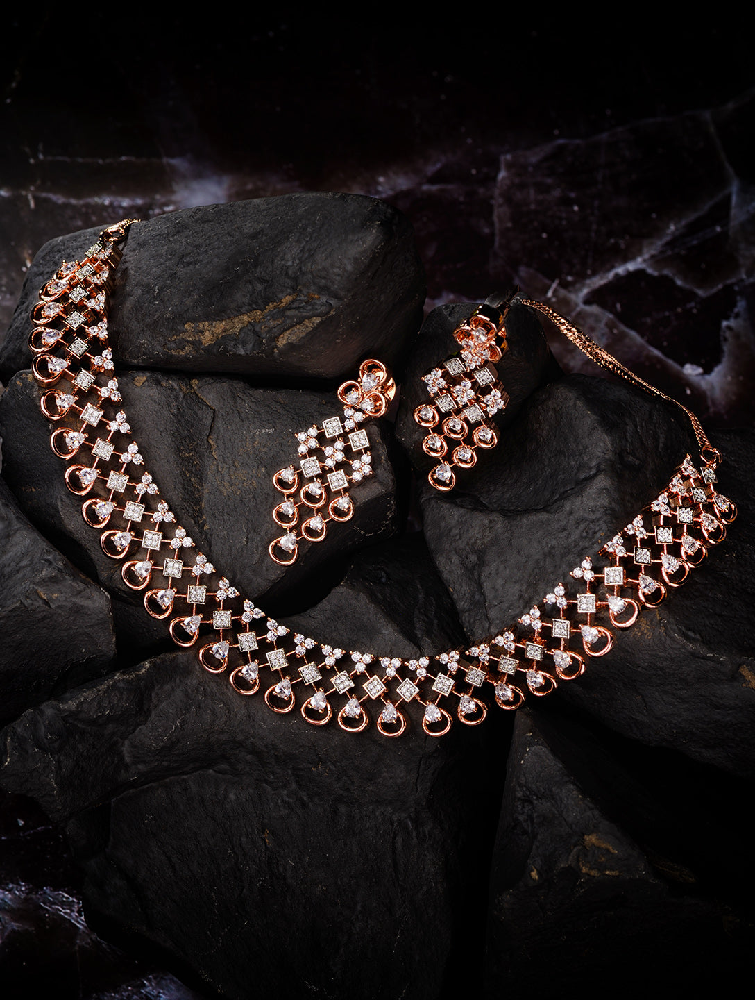 Rose Gold plated Unique Design AD studded Necklace Earrings
